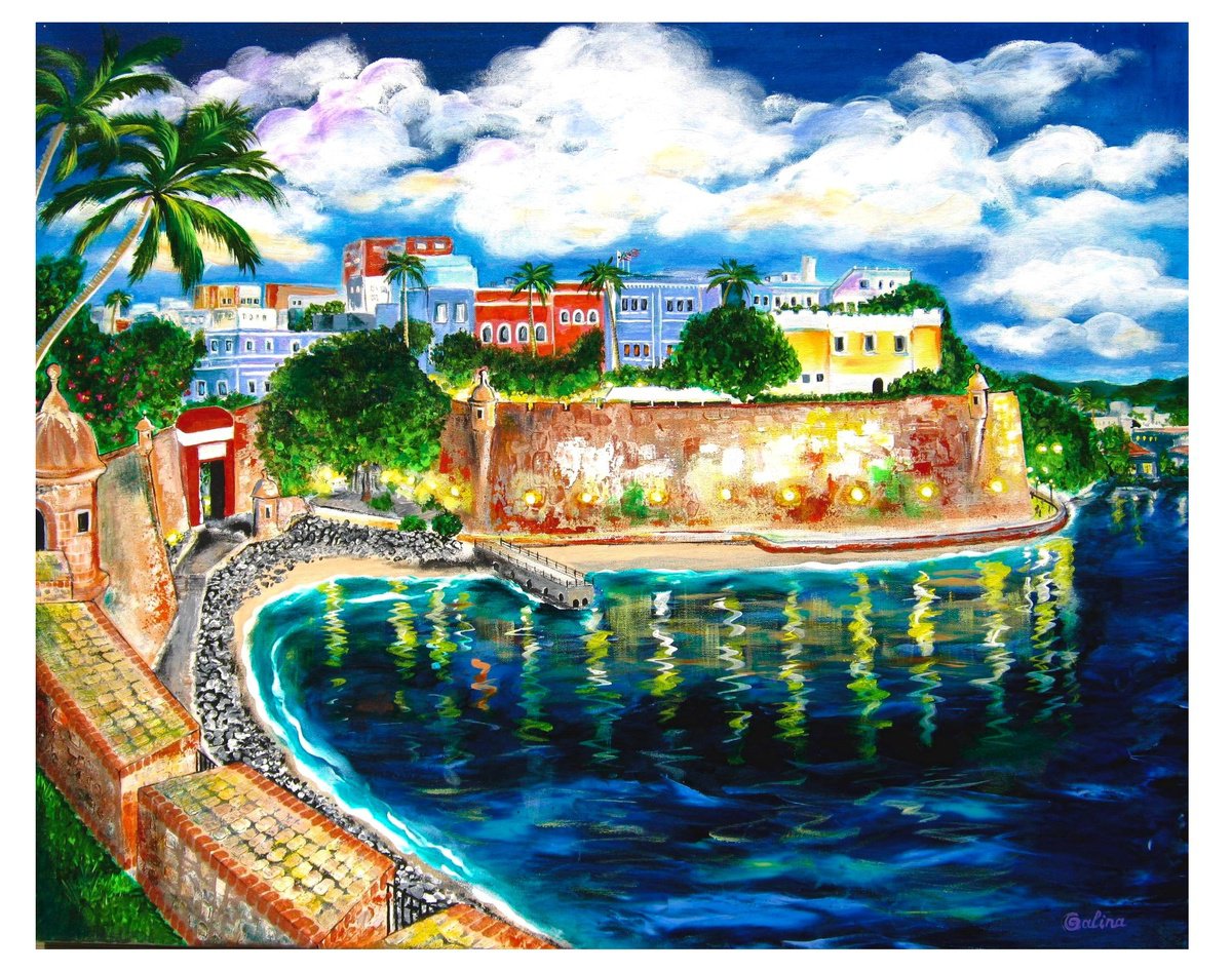 Illustrative Landscape Print By Galina Victoria, 32 X 24, La Fortaleza, Puerto Rico, Original Artwork