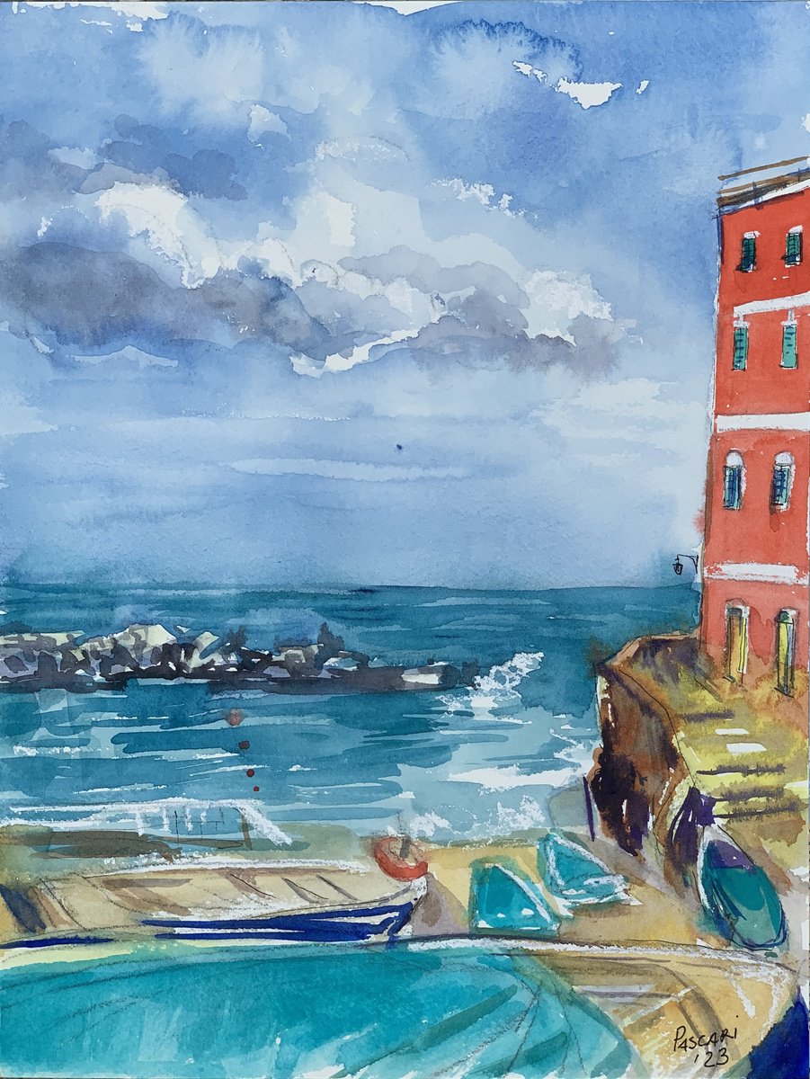 Impressionistic Landscape Watercolour By Olga Pascari, 9 X 12", Riomaggiore , Cinqueterre, Original Artwork