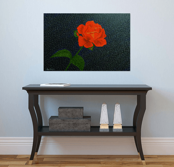 Diamond Rain - Red Rose in Rain abstract painting; home, office decor; gift idea