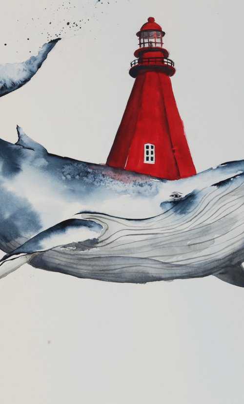 Whale and Red Lighthouse by Evgenia Smirnova