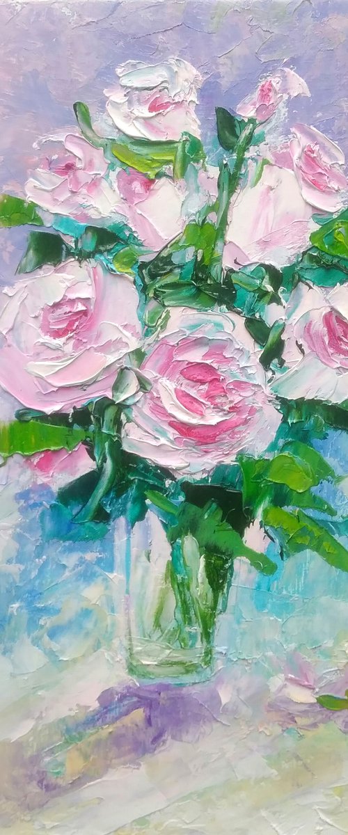 Pink Rose Painting Original Art Small Bouquet Artwork Flower Wall Art Floral Mini Oil Painting by Yulia Berseneva