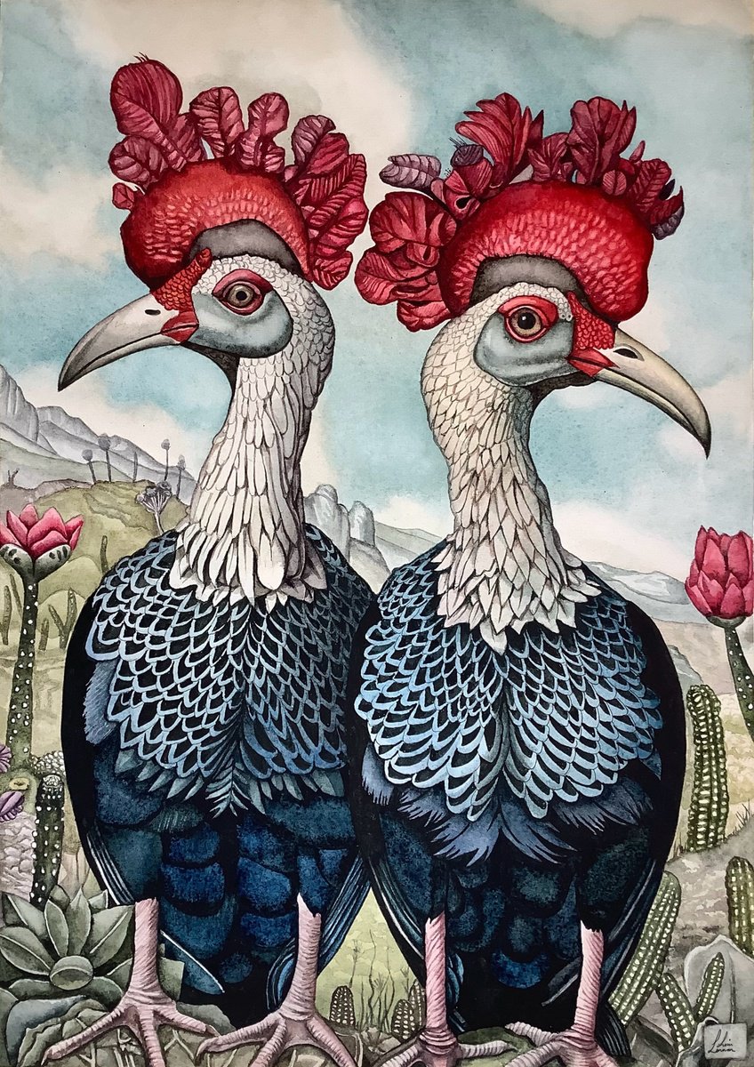 Surrealistic Animal Watercolour By Lisa Lennon, 11 X 17", Desert Birds, Original Artwork