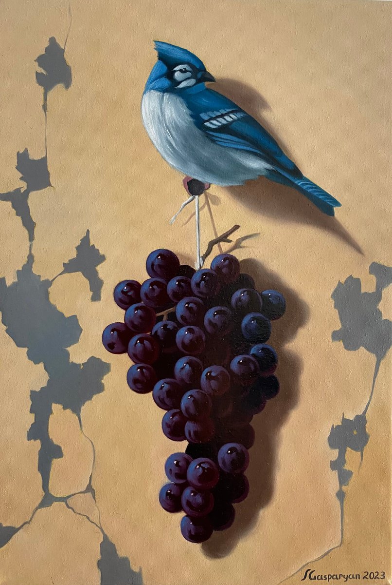 Photorealistic Still Life Oil Painting By Ara Gasparian, 9 X 14, Still Life With Bird And Grape, Original Artwork
