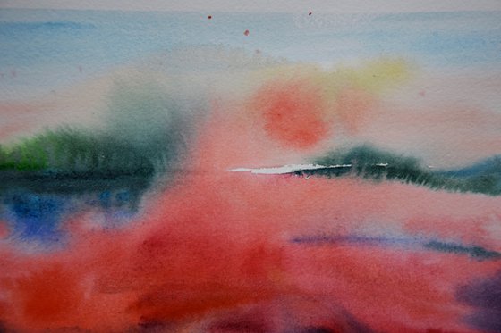 Abstract landscape painting, original watercolor painting, abstract red wall art