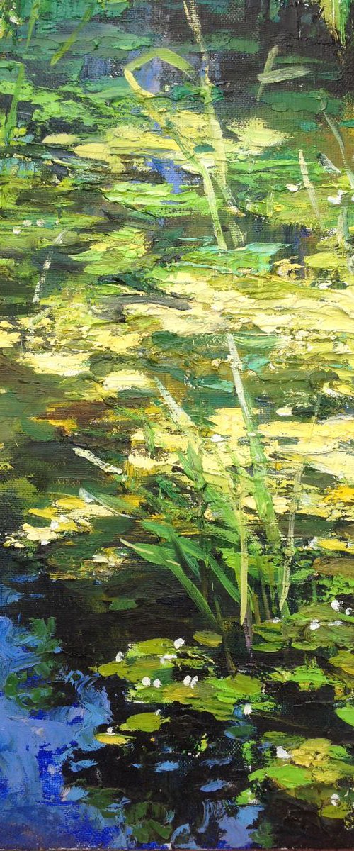 Abstract water lilies pond oil painting landscape river sunlight by Nataliia Nosyk