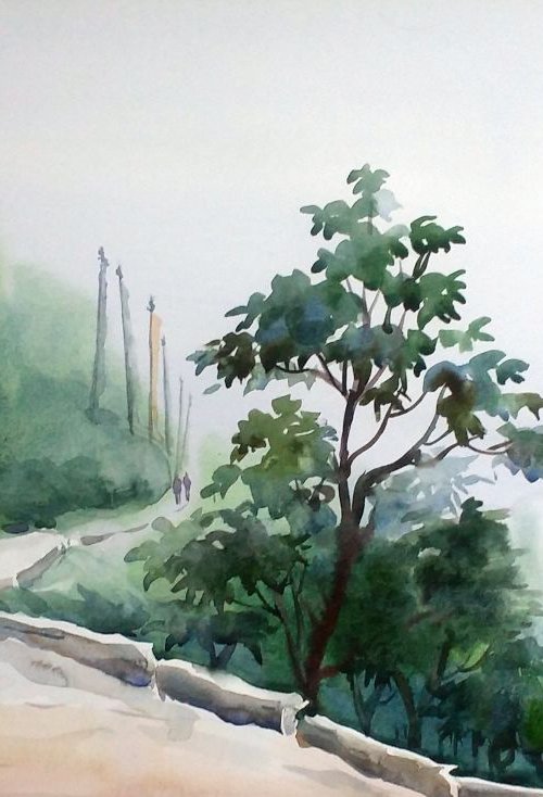 Lonly Himalaya Mountain Road - Watercolor Painting by Samiran Sarkar