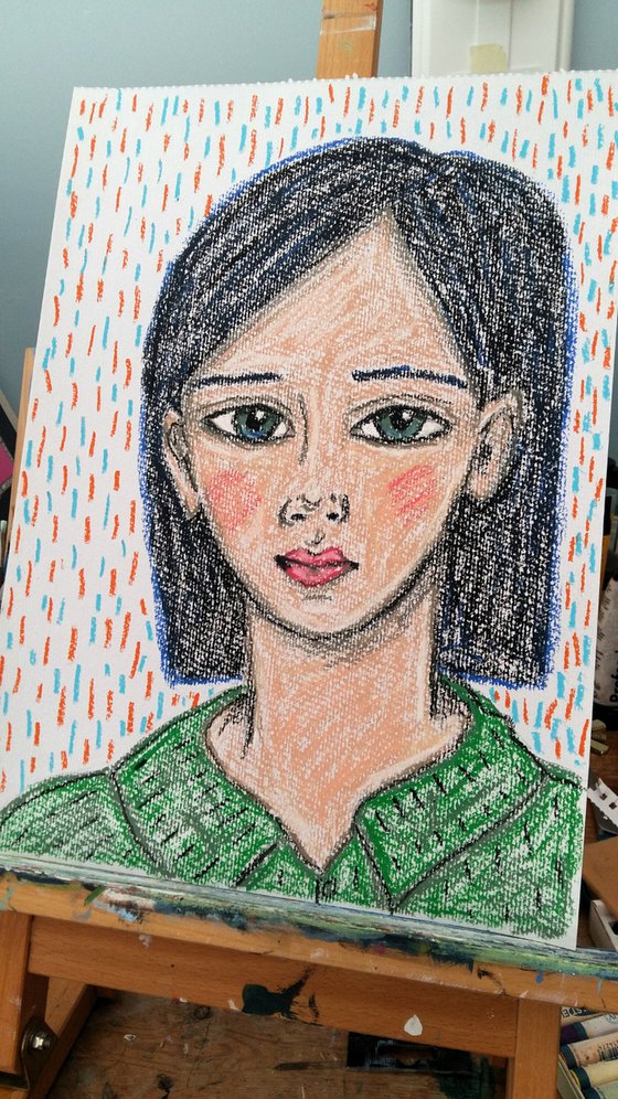 Portrait in a Green Top - Original Oil Pastel