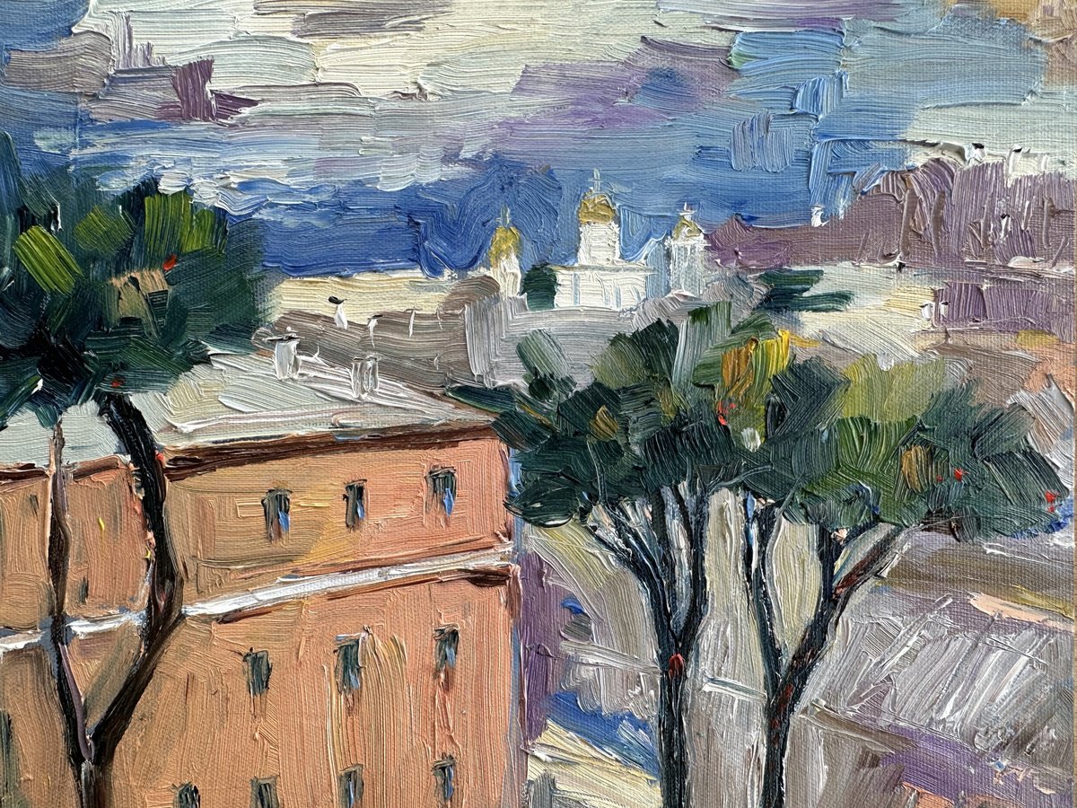 Impressionistic Cityscapes Oil Painting By Irina Anis, 12 X 9, Urban Landscape On A Sunny Day, Original Artwork