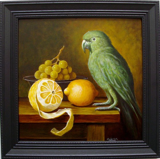 Peeled lemon with parrot