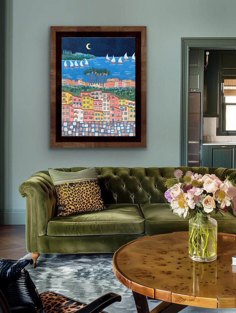 Naive Cityscapes Acrylic Painting By Holly Wojahn, 12 X 16, Moonlight Serenade, Original Artwork