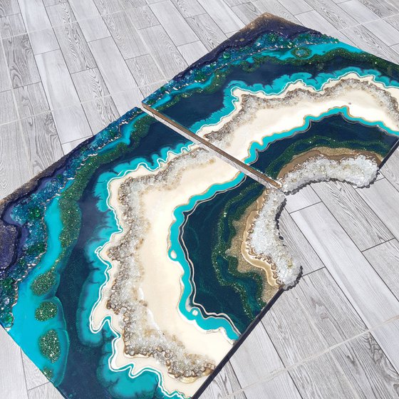 Malachite. 118 x 60 cm  Diptych Geode Art, wall art, Resin art, Resin painting, Modern art