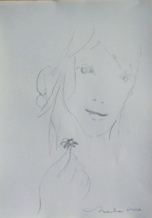 Woman with a flower, pencil sketch, 29x21 cm by Frederic Belaubre