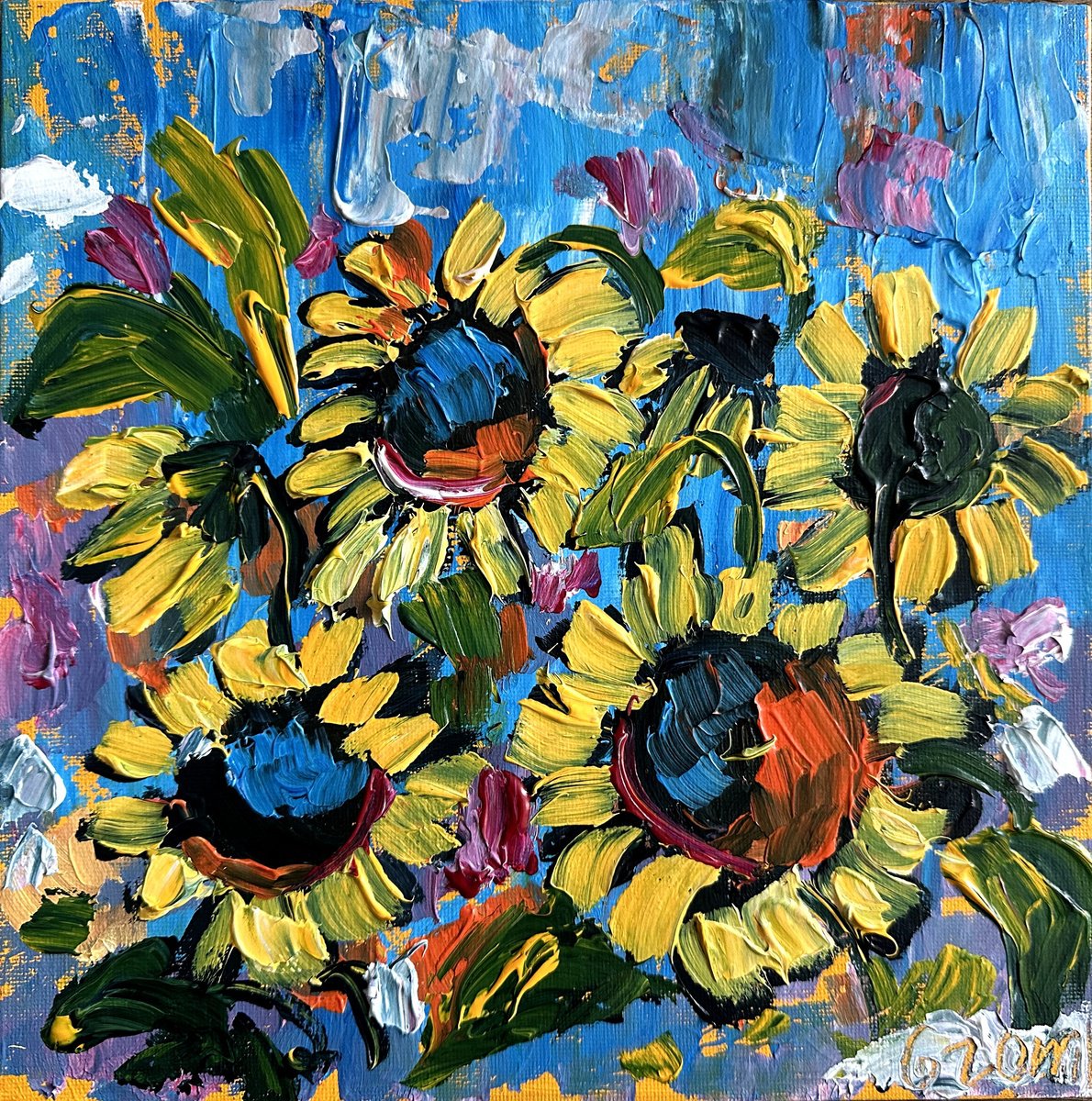 Impressionistic Botanical Acrylic Painting By Oksana Fedorova, 10 X 10", Sunflowers Landscape, Original Artwork