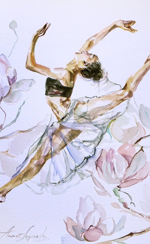 Ballet Art, Ballerina drawing on paper, Flowers girl drawing by Annet Loginova