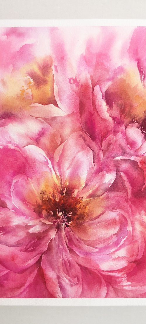 Pink peony bouquet, small watercolor painting by Olga Grigo