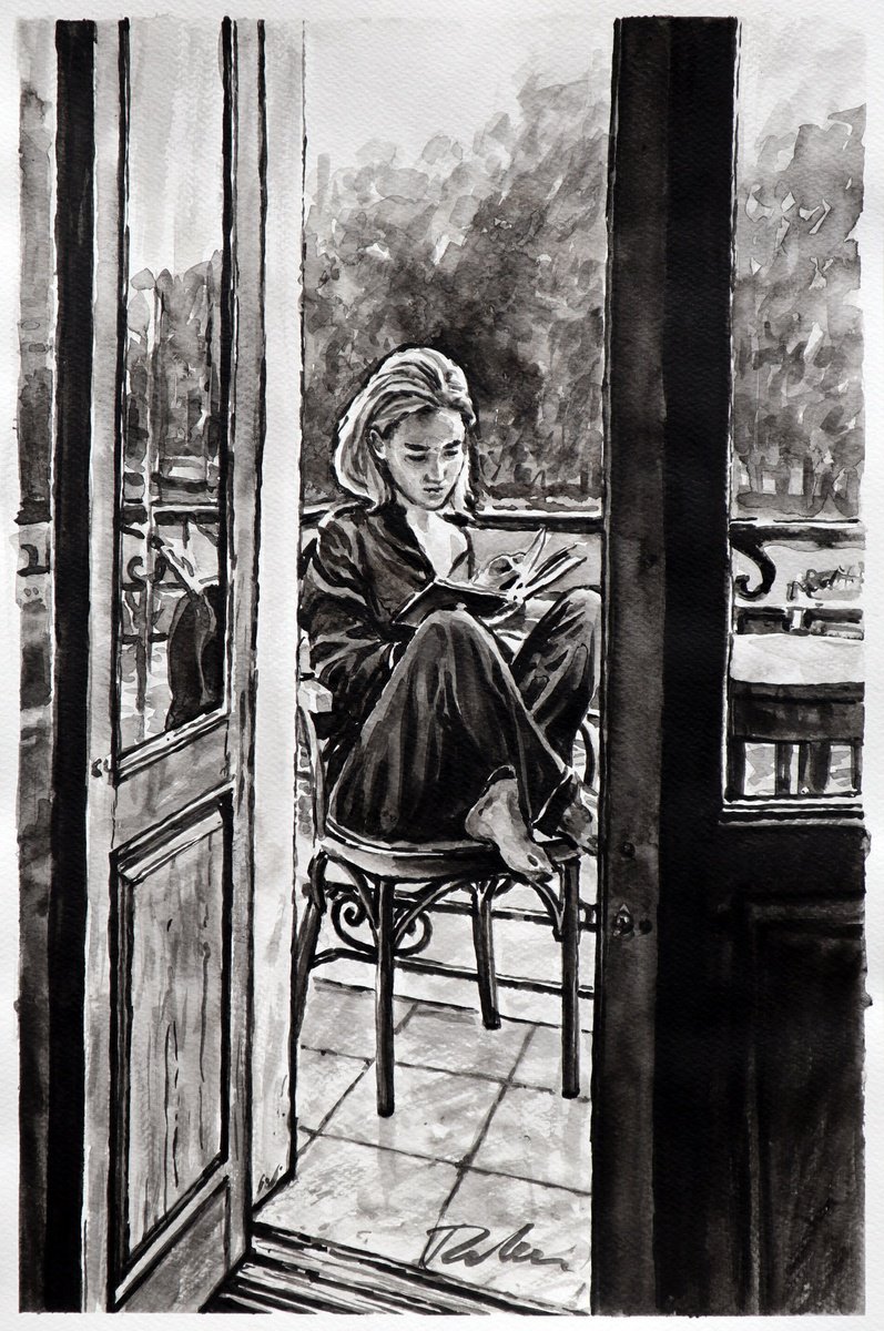 Urban And Pop Portrait Ink Drawing By Tashe, 12 X 18", "Window On The World", Original Artwork