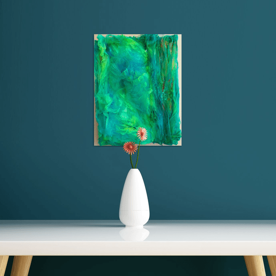 Abstract Painting Textile Art on Canvas Mixed Media Coral Reefs Ocean Tulle Art Emerald Seas