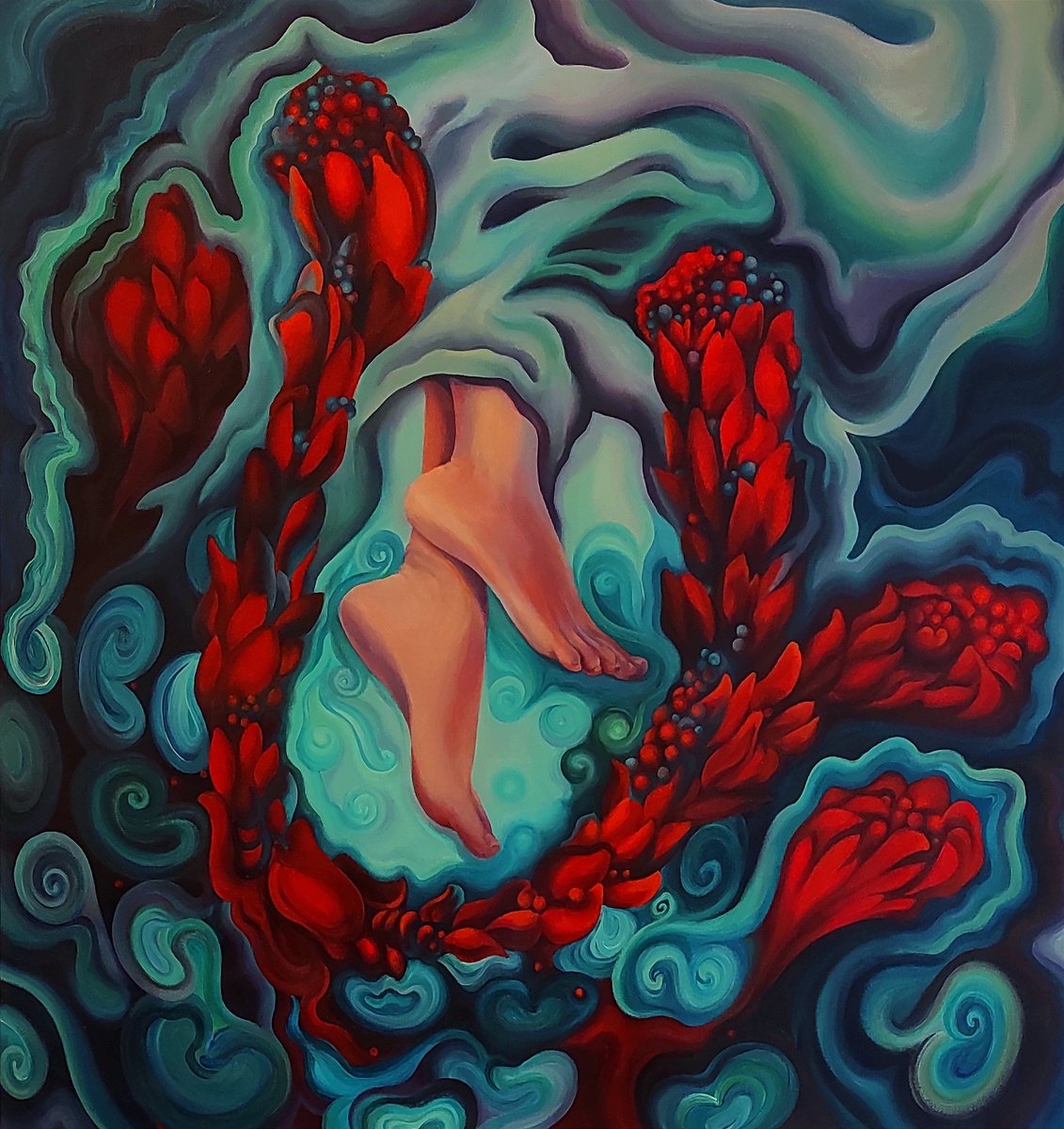 Organic Botanical Acrylic Painting By Tetiana Borys, 33 X 35", Touch Of The Current, Original Artwork