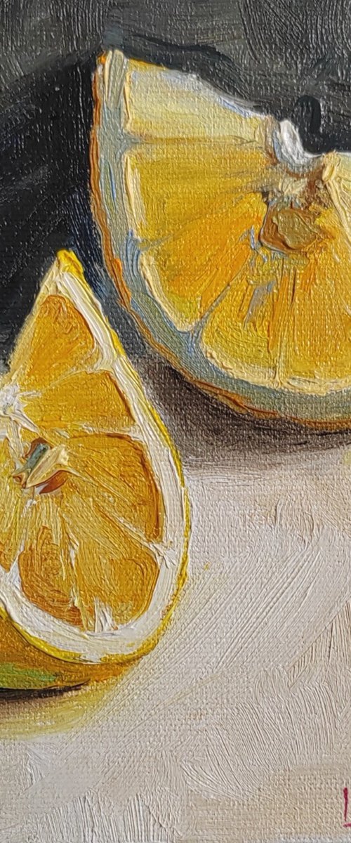 Lemon fruit still life oil painting realistic citrus wall decor 4x4" by Leyla Demir