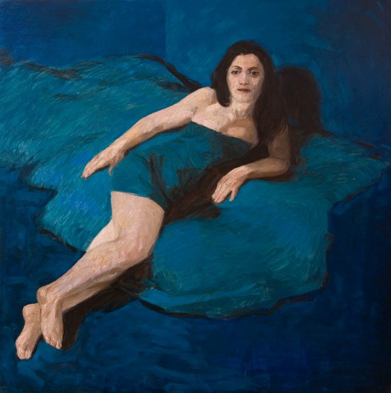 modern style impressionist nude  of a woman on blue background