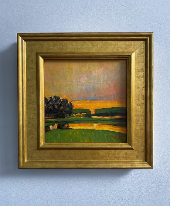 Original Impressionist oil painting-Green Landscape, Sunset. Framed