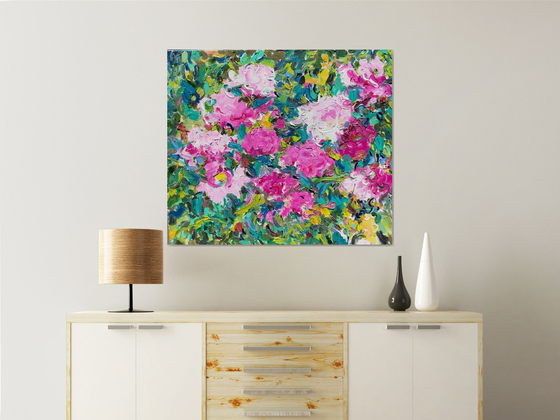 PEONIES - floral art, nature, panel with peony, original painting plants trees landscape green pink summer, impressionism art, interior home decor 85x100