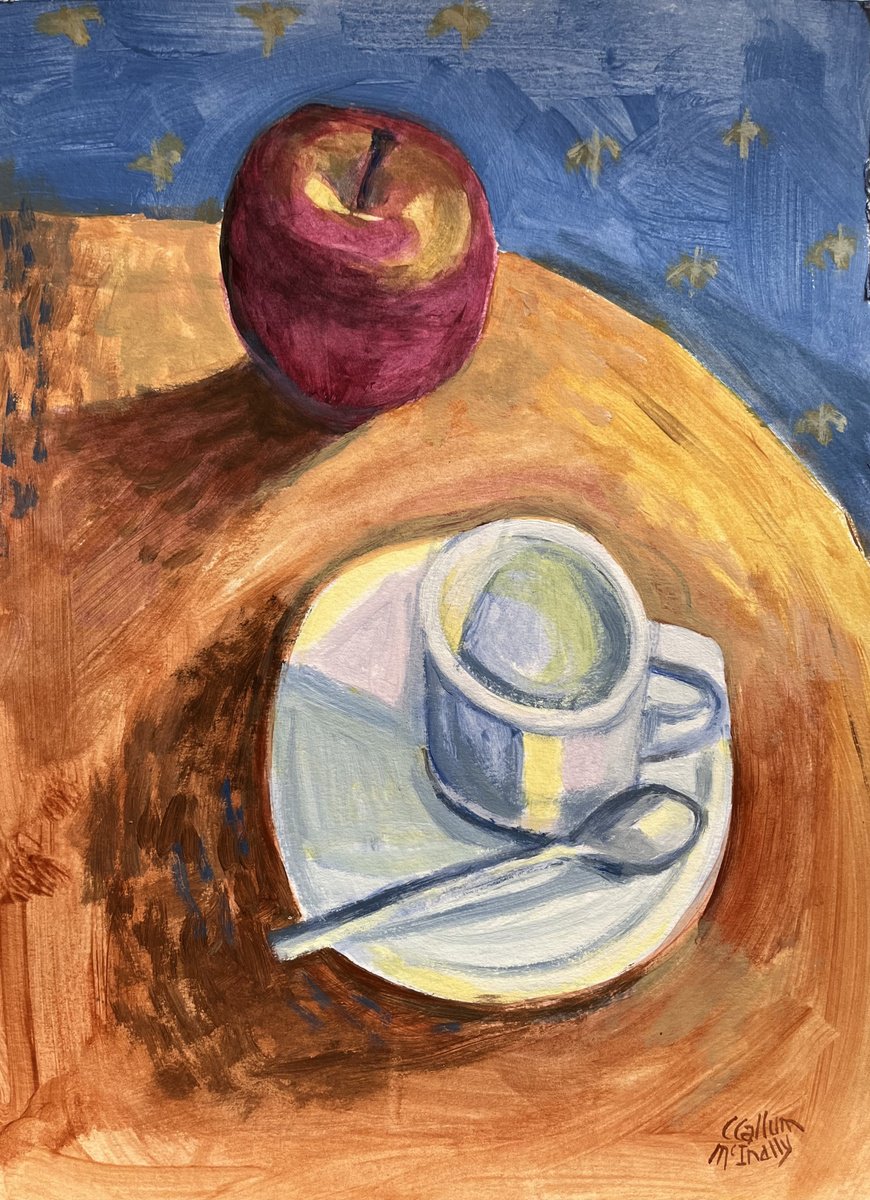 Expressive Still Life Acrylic Painting By Christine Callum Mcinally, 12 X 16, Italian Apple And Espresso Cup, Original Artwork