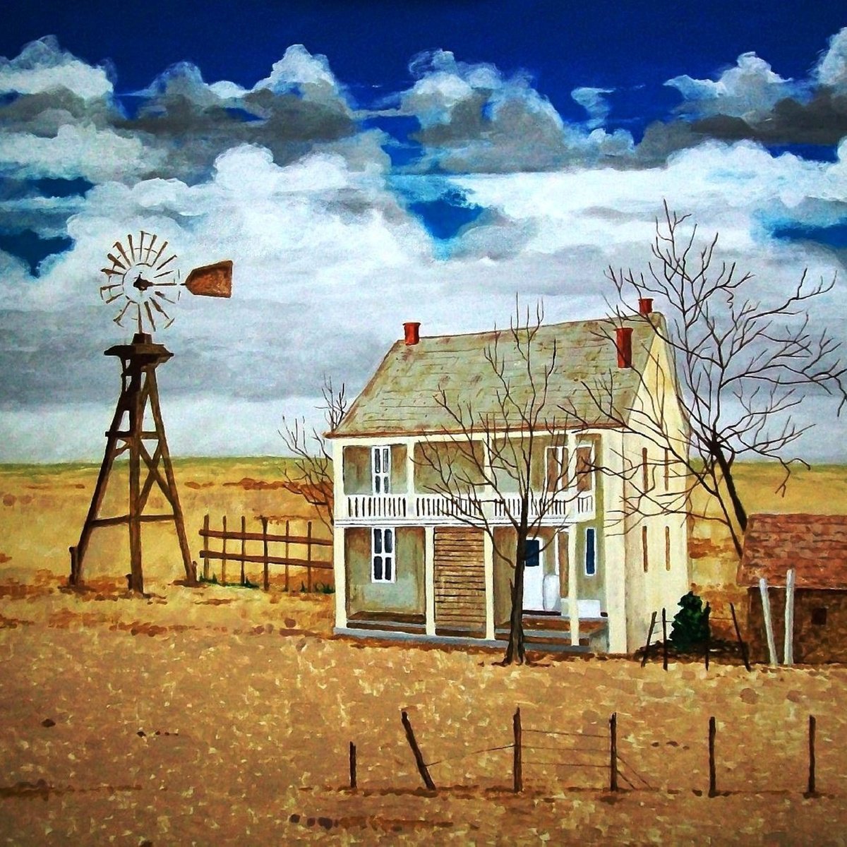 Landscape Acrylic Painting By Andrew Sabori, 20 X 20, The Farmhouse, Original Artwork