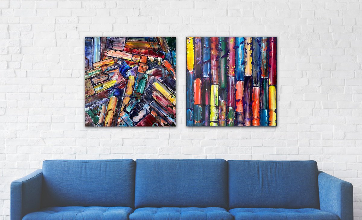 Geometric Abstract Oil Painting By Preston M. Smith (Pms), 48 X 24", "Right Brain Left Brain", Original Artwork