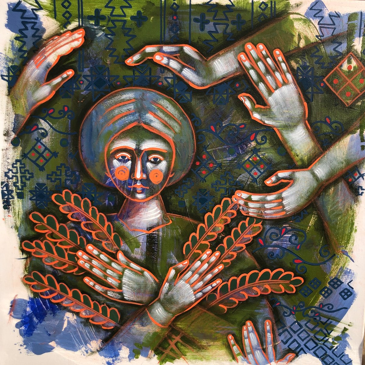 Naive Portrait Painting By Yuliia Chaika, 24 X 24", Defender Of The Harvest, Original Artwork