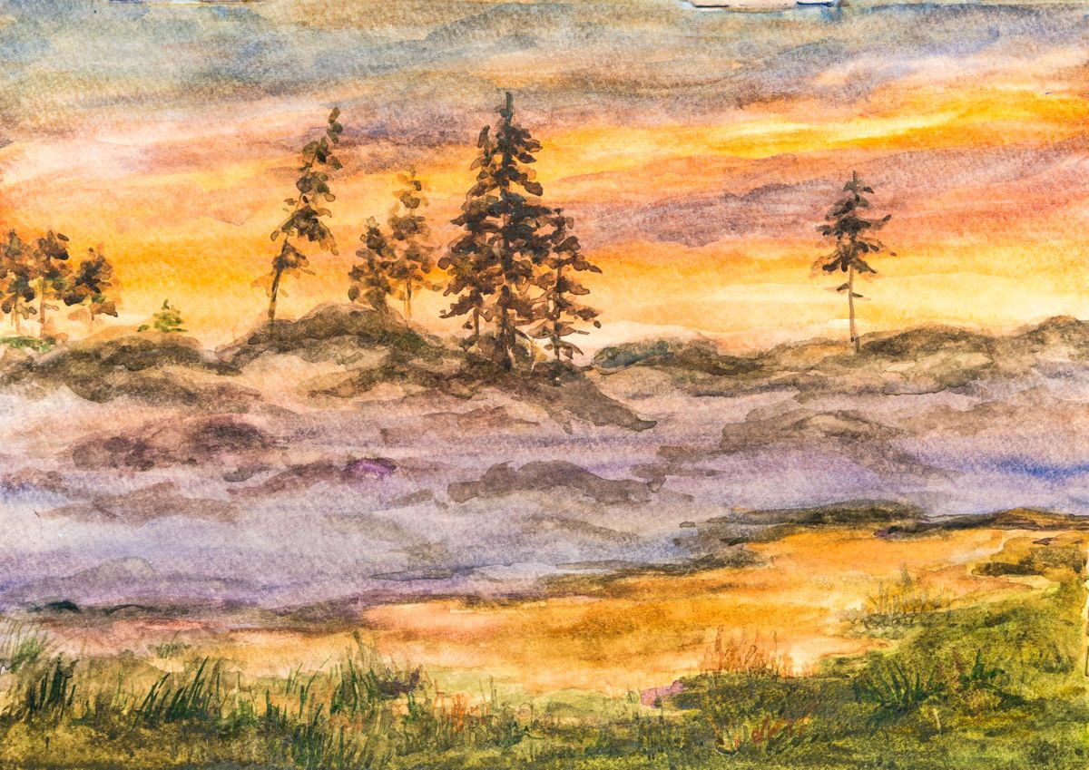 Impressionistic Landscape Watercolour By Galyna Shevchencko, 17 X 12, Sunset, Original Artwork