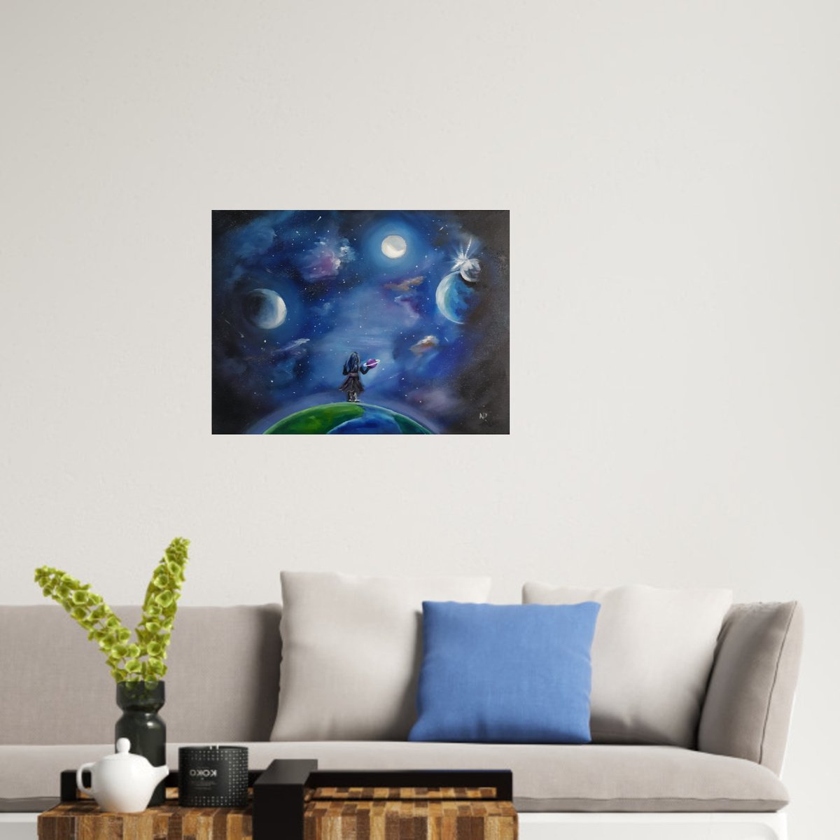 New planet, original space planets girl oil painting, gift idea, art for home by Nataliia Plakhotnyk