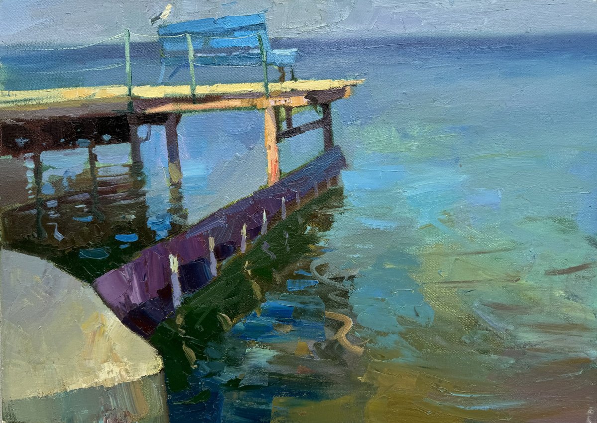 Expressive Landscape Oil Painting By Ivan Dragan, 28 X 20, Pier, Original Artwork