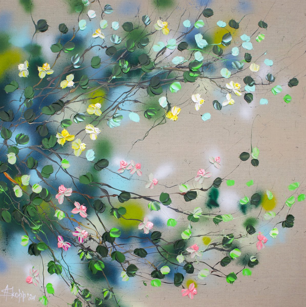 Expressive Abstract Acrylic Painting By Anastassia Skopp, 35 X 35, - ?Pink And Yellow - ?, Original Artwork