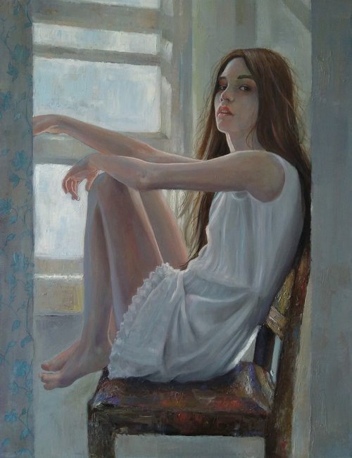 Quiet (50x65cm, oil/canvas, impressionistic figure) by Kamsar Ohanyan