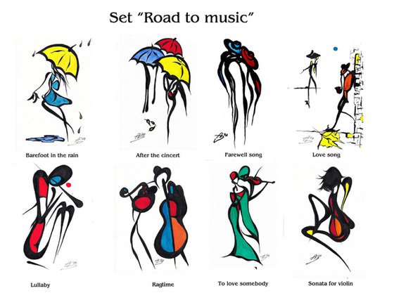 Set 'Road to music ' - 8 paintings 17.5x25 cm mixed media