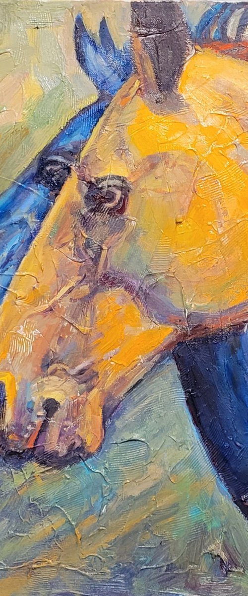 Two Horses, Contemporary Original Oil Painting, Impasto, Expressive by QI Debrah