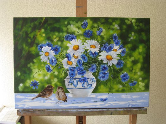 White Blue Flowers Painting