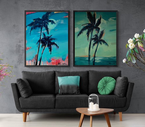 Big XXL painting - "Bright palms" - Pop Art - Palms and Sea - Night Seascape - Huge painting by Yaroslav Yasenev
