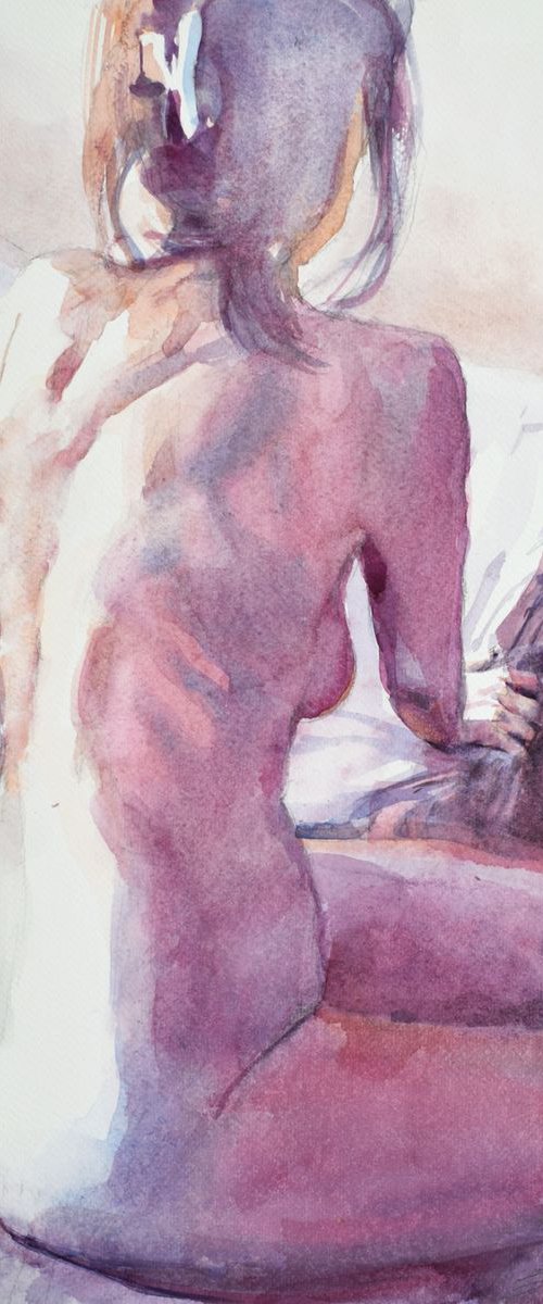 Nude on edge of the bed by Goran Žigolić Watercolors