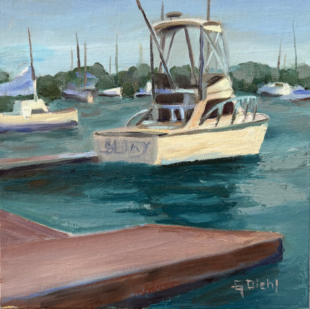 Impressionistic Transport Oil Painting By Grace Diehl, 8 X 8, Balboa Marina, Original Artwork