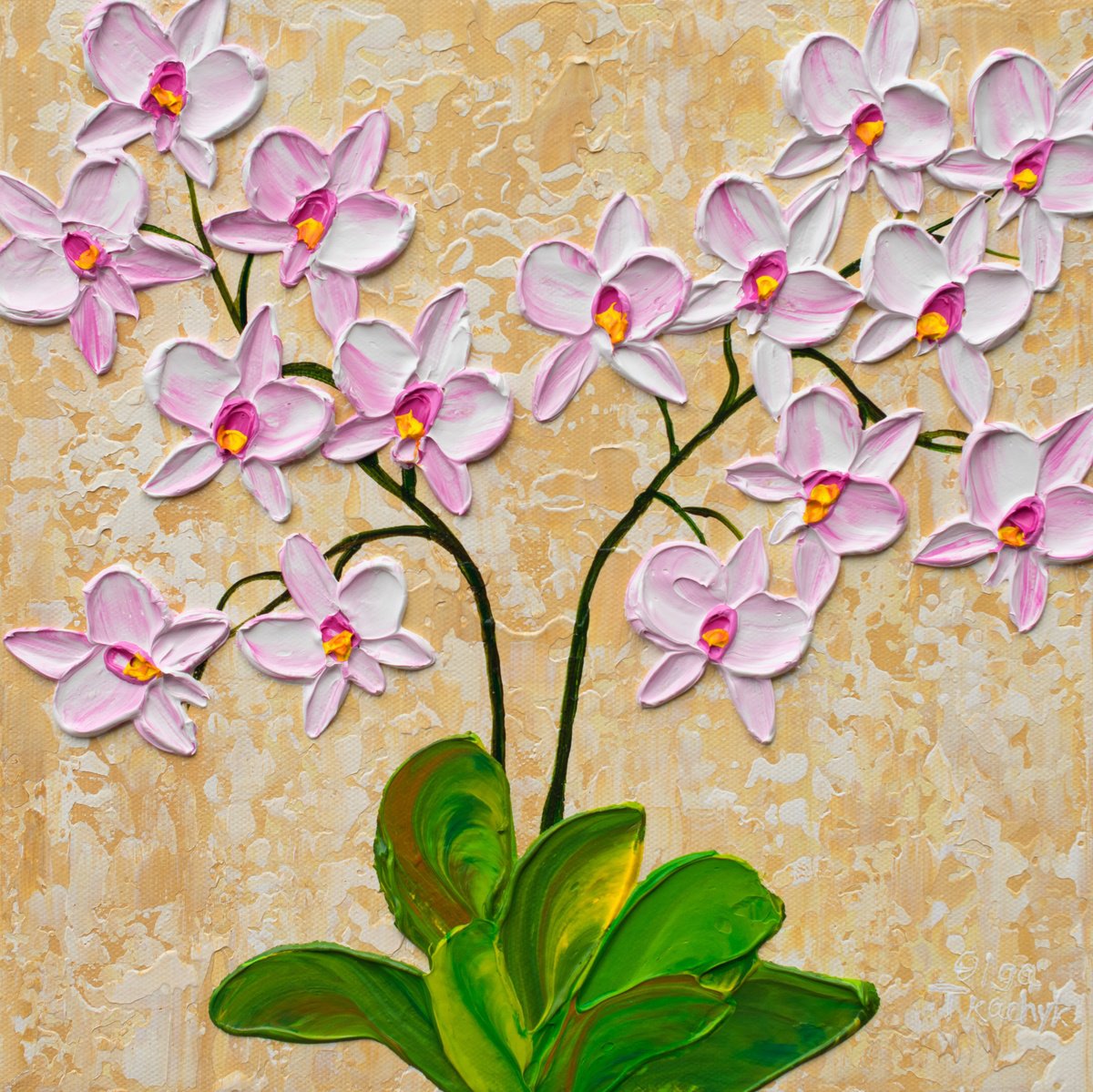 Pink Orchid Blooms - Impasto Flower Painting by Olga Tkachyk