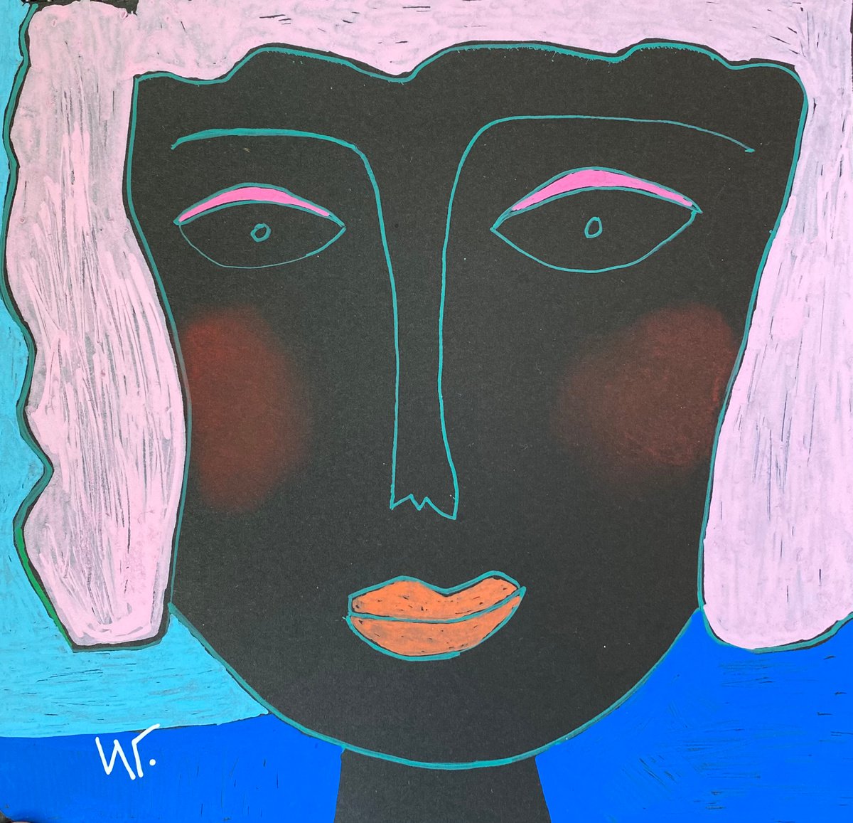 Naive Portrait Ink Drawing By Irina Goleva, 6 X 6, Look, Original Artwork