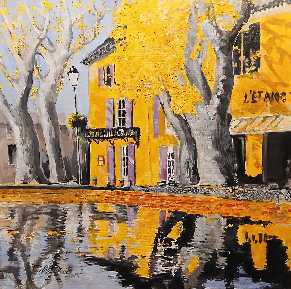 Naive Landscape Oil Painting By Chris Walker, 16 X 16, L