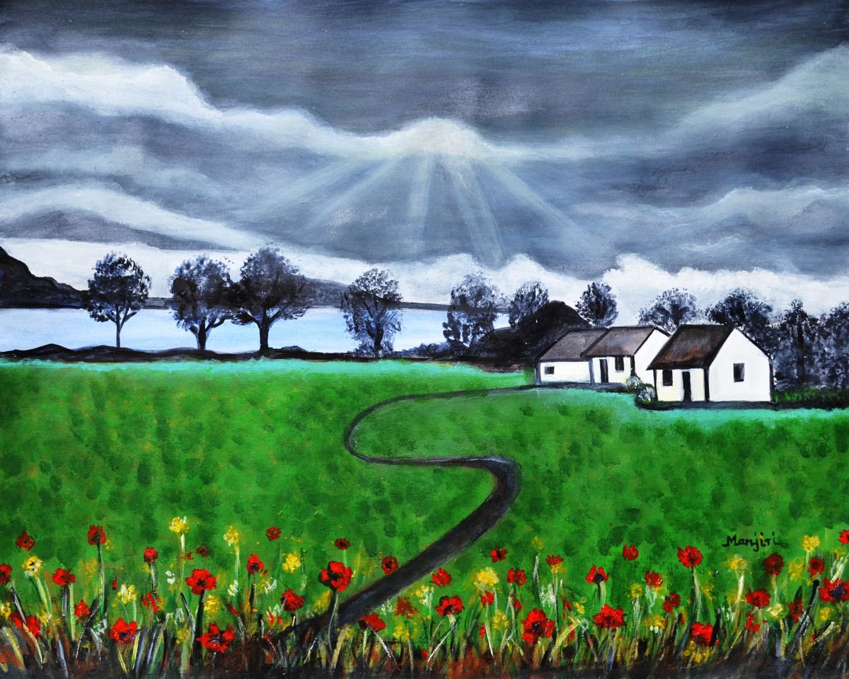 Scottish Landscape painting with dark clouds and lush greenery by Manjiri Kanvinde