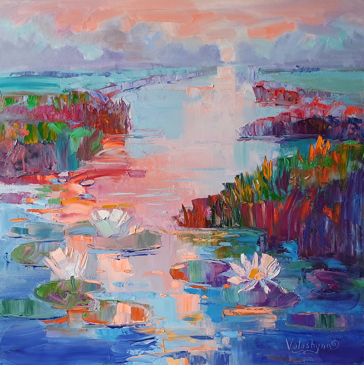 Illustrative Botanical Oil Painting By Mary Voloshyna, 24 X 24", Lilies On The Pond, Original Artwork