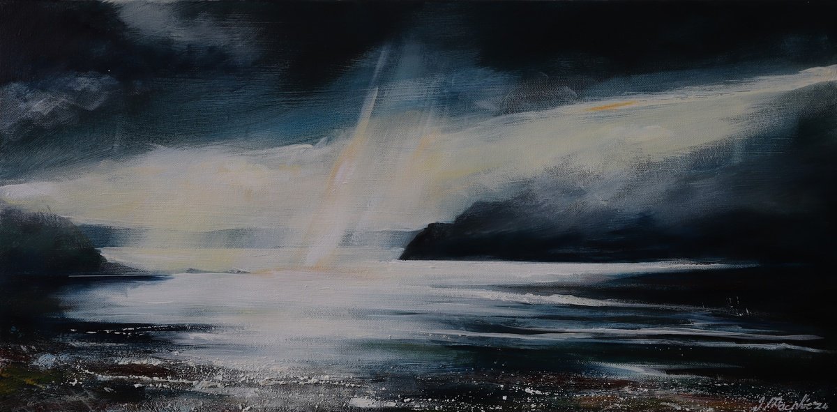 Impressionistic Landscape Acrylic Painting By Ian Macphie, 28 X 14, Breaking Light At Portree, Original Artwork