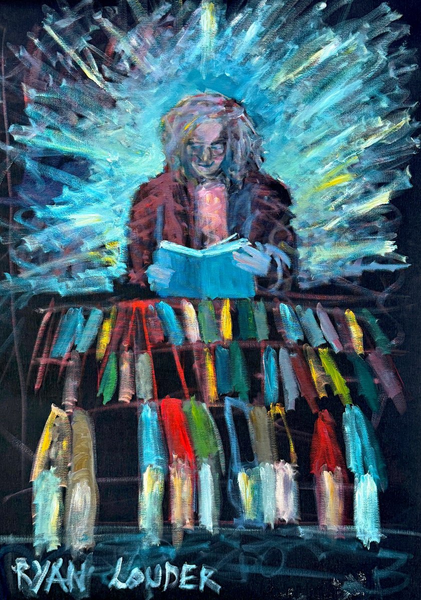 Abstract Portrait Oil Painting By Ryan Louder, 28 X 39", Kitty And Her Books, Original Artwork