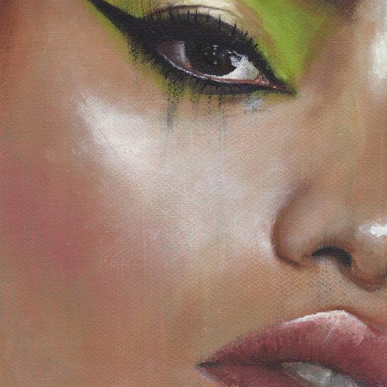 Shona - beauty oil painting of women female on paper green tones makeup closeup