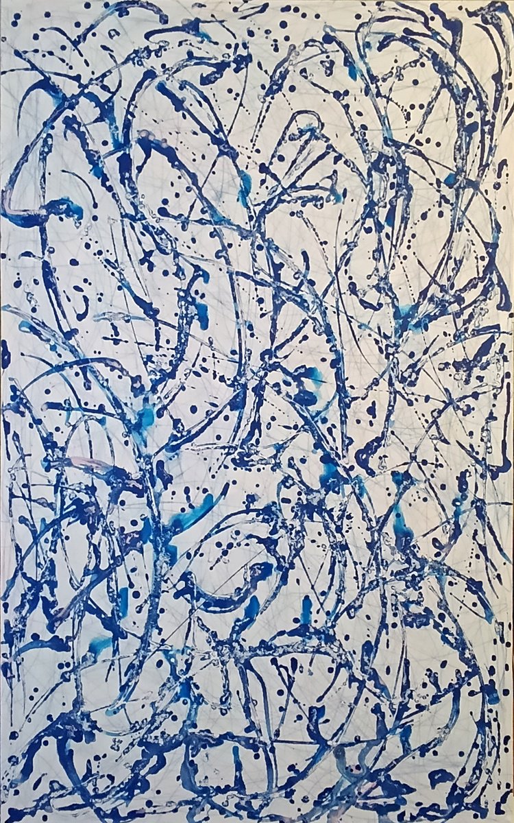 Expressive Abstract Acrylic Painting By Salana Art / Svetlana Samovarova, 39 X 63", Energetic Fluids Of Blue, Original Artwork